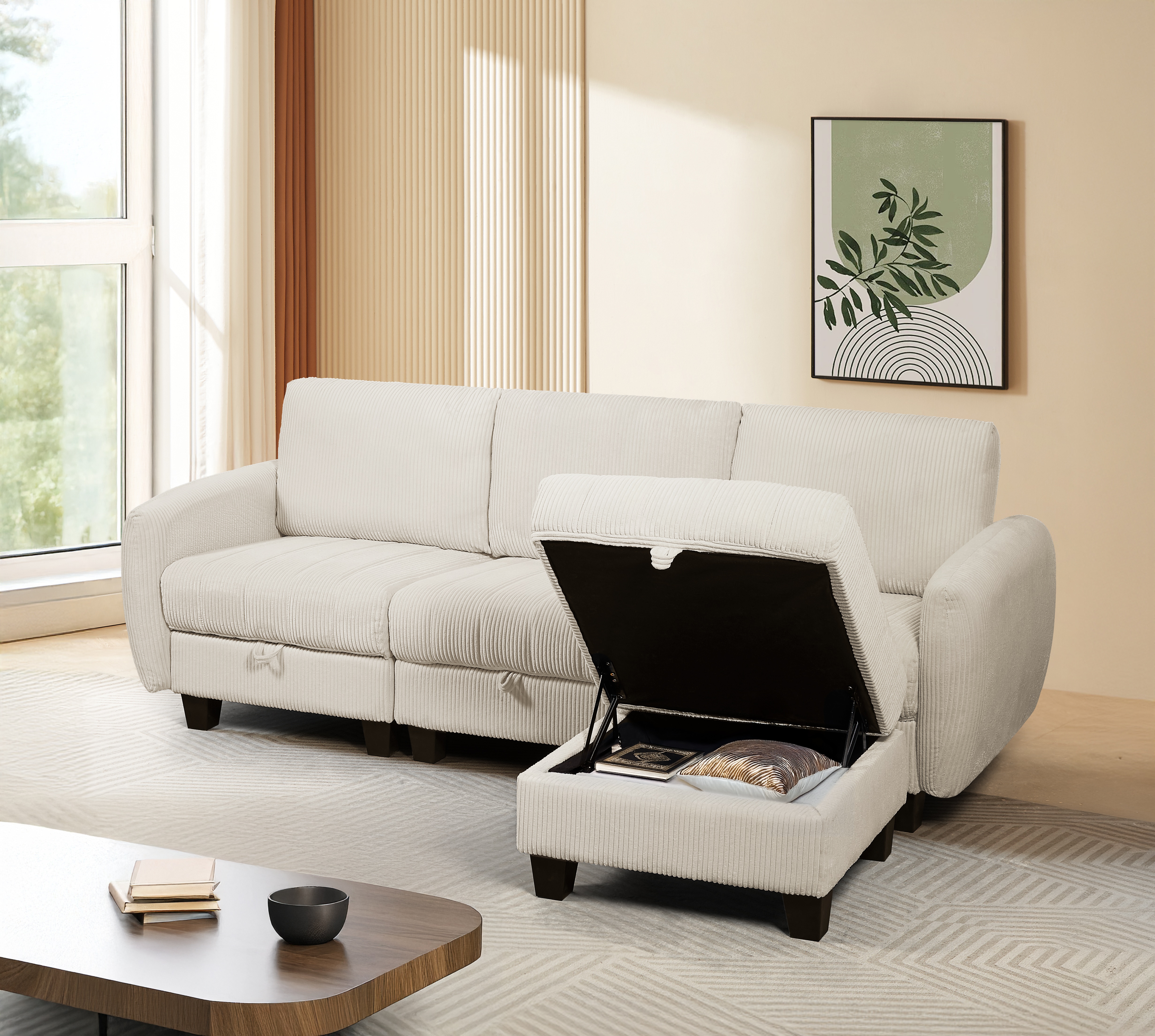 Beige White corduroy fabric sofa with OTTOMAN 